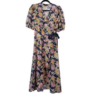 Abbey Glass Printed Sheer Wrap Maxi Dress Puff Sleeves